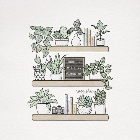 Books On Shelves Aesthetic, How To Doodle Plants, Cute Plant Drawings Simple, Books On Shelves Drawing, Plants On Shelf Drawing, Plants In Pots Drawing, Plant Shelf Drawing, Easy Plant Sketches, Books And Plants Shelves