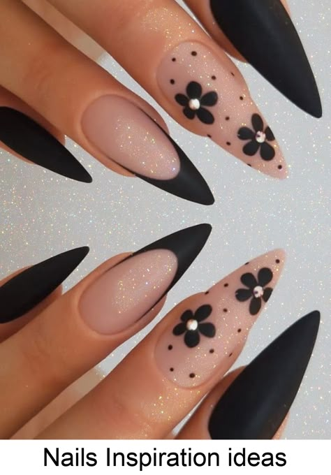 Nails Inspiration ideas Black Flower Design Nails, White Pink Black Nails, Black Butterfly Nails Almond, Grunge Spring Nails, Dark Nails For Spring, Black Nails For Spring, Spring Nails With Black, Black Spring Nail Designs, Moon Theme Nails