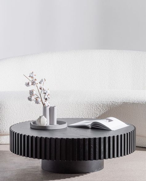 I N T E R I O R S E C R E T S on Instagram: “Serious inspo incoming ⚠️ From soft boucle to organic curves. Up your lounge room with stylish pieces that make a statement for themselves.…” Reeded Wood, Minimal Coffee Table, Drum Coffee Table, Black Coffee Tables, Side Table Lamps, Coffee Table Styling, Living Room Style, Lounge Room, Coffee Table Design