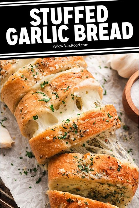 Stuffed Garlic Bread is garlicky, buttery and cheesy and with less than 10 minutes of prep time it's on the table in about 30 minutes! Bread For Dinner Meals, Sliced Bread Garlic Bread, Brazilian Garlic Bread, Recipes For Garlic Bread, Cheesy Stuffed Bread, Cheesy Garlic Baguette, Garlic Bread With Cream Cheese, Things To Do With French Bread, What To Do With Italian Bread