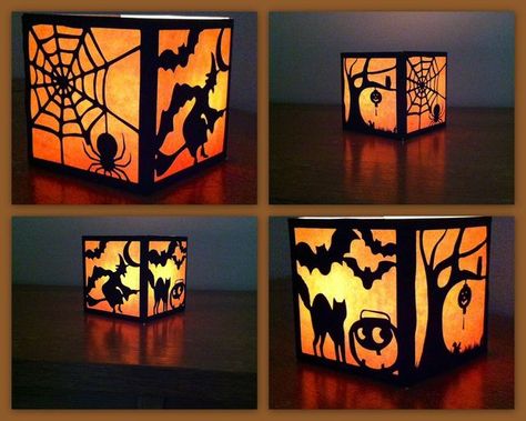 This is a replay of my favorite Halloween Silhouettes I made few years back. I added tabs to it so it will be easy to fold and glue into a nice 4 x 4 box lantern. Or you can make it bigger. You'll nee Halloween Led Lights, Halloween Lantern, Halloween Crafts Preschool, Paper Lanterns Diy, Hallowen Ideas, Halloween Paper Crafts, Easy Halloween Decorations, Adornos Halloween, Halloween Lanterns