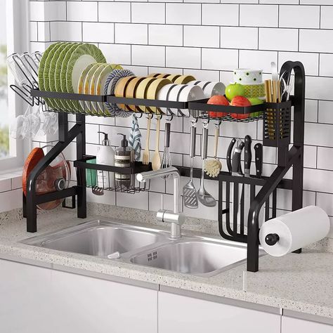 17 Cheap Tricks That'll Help You Get the Kitchen of Your Dreams | Hometalk Organiser Cucina, Kitchen Space Savers, Sink Drying Rack, Stainless Steel Paint, Sink Dish Rack, Kitchen Sink Storage, Sink Shelf, Dish Drying Rack, Stainless Kitchen