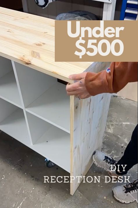 Ikea Front Desk, Ikea Hack Cash Wrap, Diy Cash Wrap Counter Retail, Ikea Shop Counter, Ikea Checkout Counter, Ikea Kallax Reception Desk, Diy Checkout Counter Boutique, Ikea Cash Wrap Counter, Reception Desk Ideas Creative