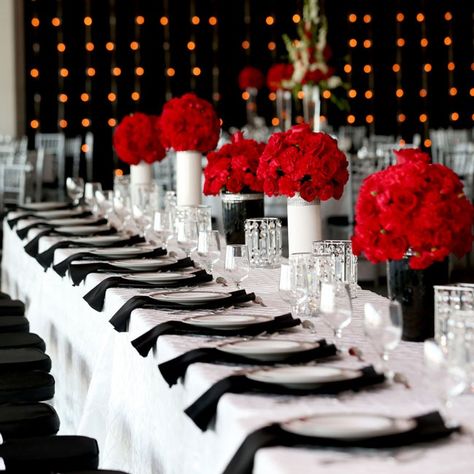 Modern red, black and white reception tables | Oracle Imaging & Design | www.theknot.com Red Black And White Table Decorations, White Reception Table, Haitian Wedding, Red Reception, Senior Banquet, Black And Gold Party Decorations, White Reception, Gala Decorations, Gothic Party