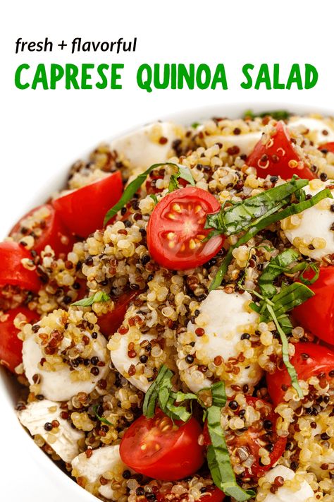 This bright and flavorful Caprese Quinoa Salad is made with toasted quinoa, cherry tomatoes,  creamy mozzarella and fresh basil. With added protein and nutrients, it takes the classic Caprese salad to the next level. Caprese Quinoa Salad, Quinoa Caprese, Caprese Quinoa, Productivity Lifestyle, Toasted Quinoa, Lemon Bowl, Vegetarian Salad Recipes, Healthy Salmon Recipes, Fruit Salad Recipe