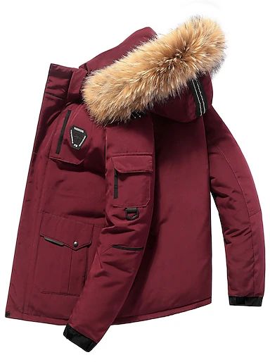 Men's Winter Jacket Puffer Jacket Padded Zipper Pocket Polyster Pocket Outdoor Date Casual Daily Regular Fashion Casual Thermal Warm Windproof Winter Plain Black White Blue Puffer Jacket 2024 - GBP £47 Red Puffer Jacket, Jacket Puffer, Red Puffer, Trim Work, Jacket Parka, Black White Red, Fur Collar, Puffer Jacket, Down Jacket