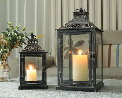 JHY DESIGN Set of 2 Antique Grey Brush Decorative Lanterns Metal Candle Lanterns for Indoor Outdoor Events Parties and Weddings Vintage Style Hanging Lantern(with Glass) Large Candle Lanterns, Candle Holder Lantern, Metal Candle Lanterns, Dancing Flame, Decorative Lanterns, Flickering Candle, Alcohol Lamp, Hanging Candle Holder, Electronic Candles