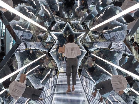 Infinite Wonder on Behance Fashion Art Installation, Event Activations, Fashion Installation, Silver Room, Experiential Design, High Fashion Art, Light Tunnel, Mirror Inspiration, Mirror Installation