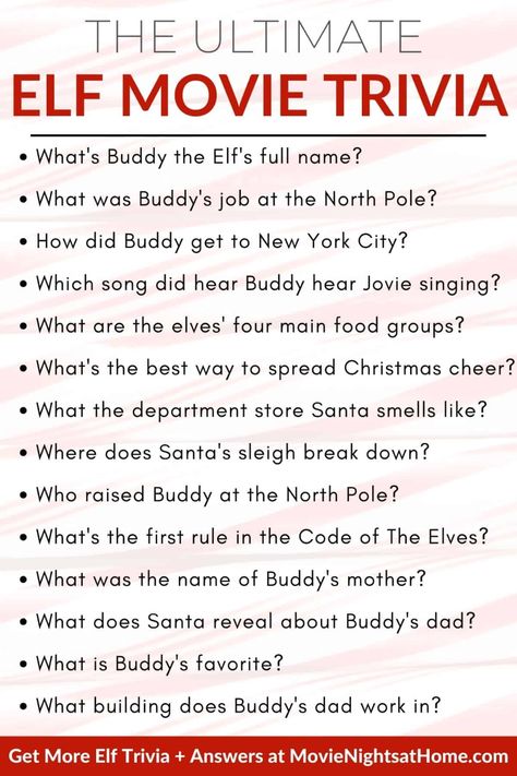 Elf Movie Night, Movie Trivia Questions And Answers, Elf Movie Party, Elf Themed Christmas Party, Christmas Jeopardy, Christmas Trivia Questions, Christmas Movie Trivia, Movie Trivia Questions, Elf Party