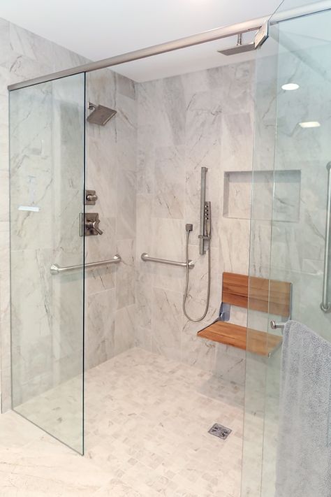 Walk In Shower With Seat Ideas, Rollin Shower Ideas, Roll In Showers Master Bath, Walkin Shower Tile Ideas, Curbless Shower Ideas Walk In, Master Shower Ideas, Wheelchair Accessible Shower, Bathroom Renovation Shower, Master Suite Remodel