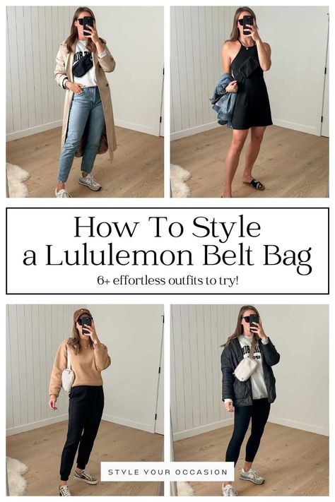 How To Wear a Lululemon Belt Bag + 8 Chic Ways To Style It Grey Lululemon Belt Bag, How To Style A Belt Bag, Styling Lululemon Belt Bag, How To Wear A Sling Bag, How To Wear Lululemon Belt Bag, Lululemon Travel Outfit, How To Wear Crossbody Bag, Lululemon Belt Bag Outfit Aesthetic, Lulu Lemon Belt Bag Outfit