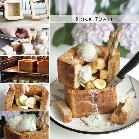 Brick Recipe, Cafe Items, Brick Toast, Dessert Chef, Dessert Waffles, Honey Toast, Japanese Recipes, Bread Toast, Unique Desserts