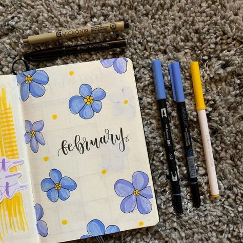 Month Journal Ideas February, February Journal Ideas Aesthetic, Journal Month Page February, Feb Bullet Journal Cover, Feb Journal Ideas, Bullet Journal Month Cover February, Journaling Monthly Layout, February Journal Page, Bullet Journal February Calendar