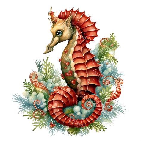 Christmas Seahorse, Sea Horse Clipart, Seahorse Image, Seahorse Christmas, Leafy Seahorse, Seahorse Ornament, Transparent Design, Digital Drawing, Drawing Illustrations