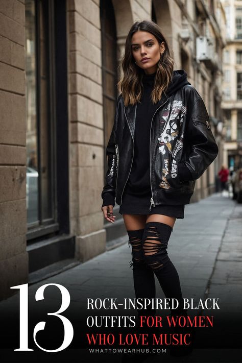 Infuse your wardrobe with rock-inspired black outfits! Check out these 13 chic looks featuring black dresses, stylish skirts, and cool jackets for every music-loving woman. Perfect for standing out. #BlackOutfitInspo #RockVibes Band Tee Style, Boho Rocker Chic, Black Outfits For Women, Vintage Rock Tees, Chic Black Outfits, Boho Rocker, Music And Fashion, Rocker Look, Festival Attire