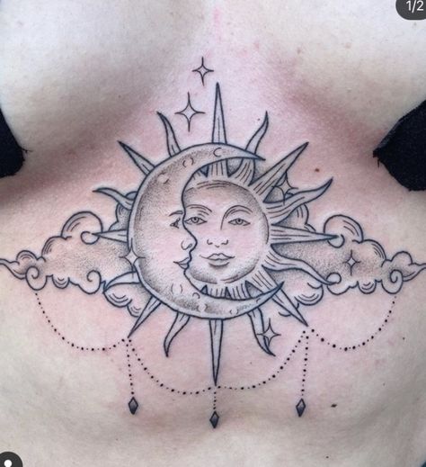 sun&moon underboob tattoo #chesttattoos #tattooideas Chest Tattoos For Women Sternum, Sternum Tattoos For Big Chested Women, Middle Of Breast Tattoo For Women, Pretty Sternum Tattoo, Moon Sternum Tattoo Women, Unique Underboob Tattoo, Sun Underboob Tattoo, Cool Chest Tattoos For Women, Moon Chest Tattoo Female