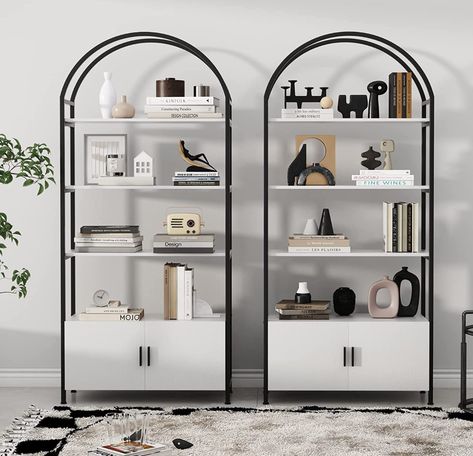 #shelf #archshelf #arch #modern #blackandwhite #blackshelf #furniture #bookshelf Black And White Bookshelf, Arched Bookshelf, Arched Shelf, Arch Shelf, Bookcase With Doors, White Bookshelves, Display Shelving, Desk Shelves, Apartment Decorating