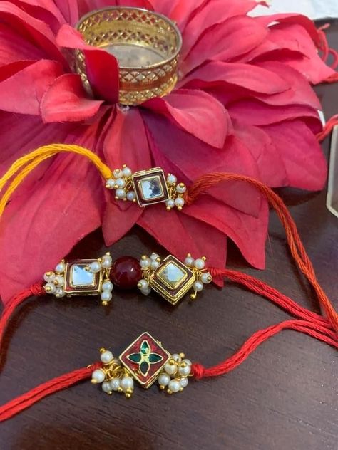 Kundan Rakhi Designs, Rakhi Pics, Fabric Neckpiece, Rakhi Designs Handmade, Rakhi 2023, Kundan Rakhi, Cork Garland, Rakhi 2024, Handmade Rakhi Designs