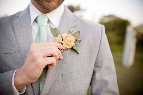 Champagne Boutonniere, Fantasy Wedding Ideas, Nags Head North Carolina, Rose Boutonniere, Property Manager, Champagne Rose, Nags Head, Groom Boutonniere, Grey Suit