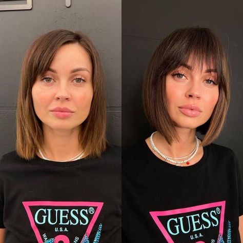 A-Line Bob with Wispy Bangs for a Square Face Bob And Bangs Round Face, Short Hair With Square Face, Bob Hairstyle Square Face, Short Hair Women Square Face, Long Bob With Bangs Oval Face, Best Bangs For Square Face Shape, A Line Lob With Bangs, Oval Face Bob With Bangs, Short Straight Hair With Wispy Bangs