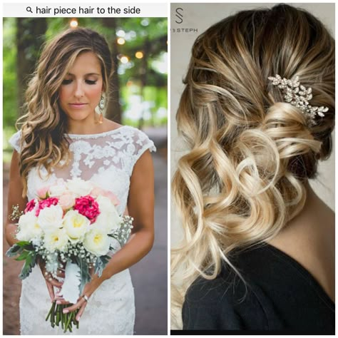 Wedding Hairstyles With Side Clip, Wedding Hair Down To One Side Curls, Hair Side Dos Formal, Hair Pulled To The Side Wedding, Side Style Updo, Pinned To The Side Hairstyles, Wedding Hair Side Swept With Clip, Wedding Hair Swooped To Side, Half Up Half Down Side Swept Wedding Hair