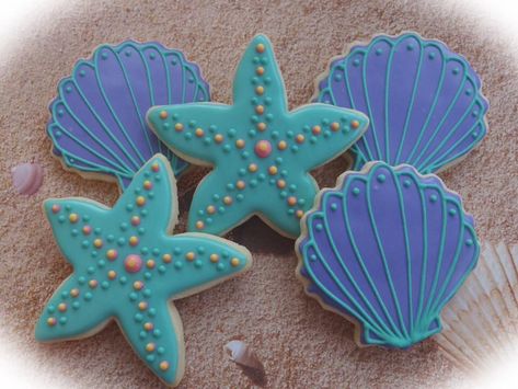 Seashell Cookies, Starfish Cookies, Sea Starfish, Mermaid Cookies, Fish Cookies, Beach Cookies, Cookie Connection, Baby Boy Baptism, Iced Sugar Cookies