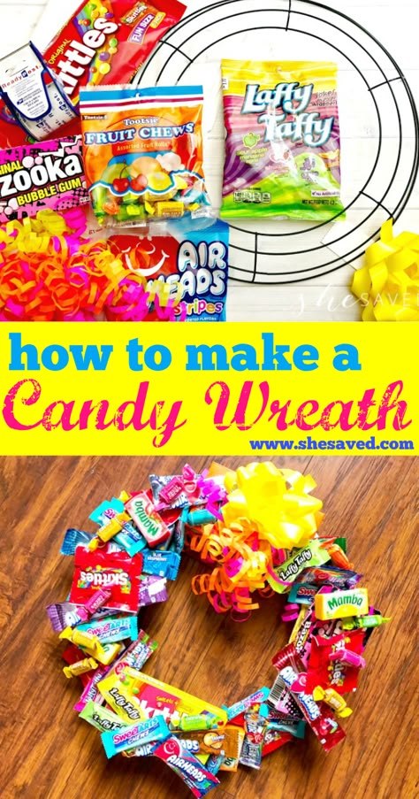 Candy Bar Bouquet Diy, Candy Wreath Diy, Candy Wreaths, Birthday Candy Bouquet, Candy Bar Bouquet, Raffle Ideas, Mini Crafts, Candy Gifts Diy, Candy Creations