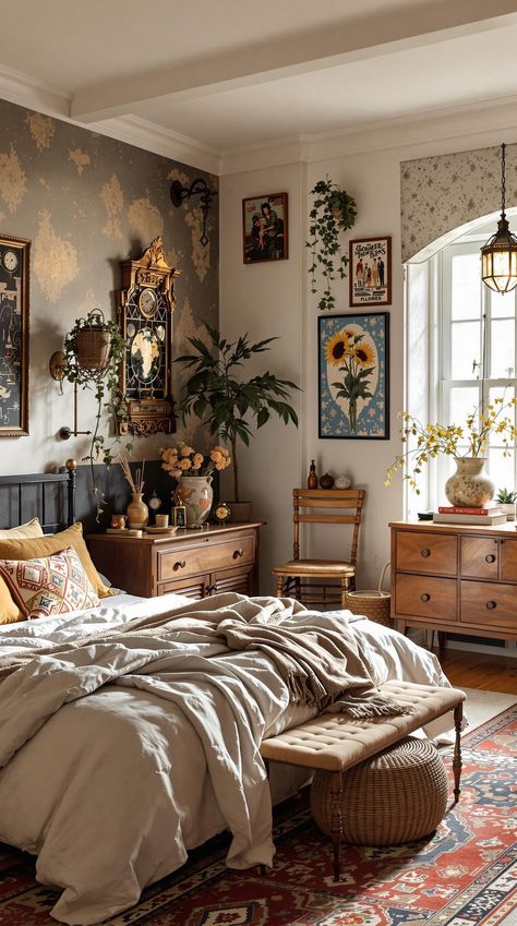 Boho Bedroom Apartment Boho Furniture Bedroom, Master Bedrooms With Mixed Furniture, Cozy Artsy Bedroom, Bohemian Room Decor Ideas, Bedroom Inspirations Maximalist, Vintage Room Ideas French Style, Vintage Artsy Bedroom, Room Inspiration Aesthetic Vintage, Apartment Inspiration Boho