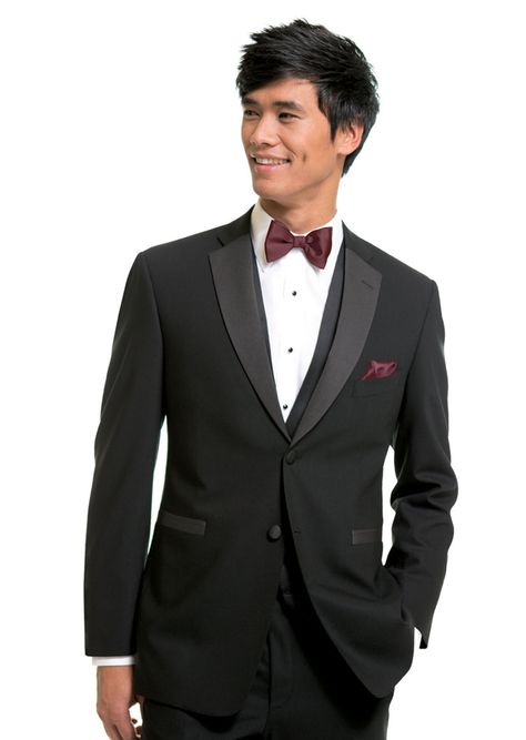 Coppley 9497 Black, notch lapel, two-button vented tuxedo. Slim fit. The colour of the year for 2015 Wine Expressions bow tie and pocket square. Groomsmen Attire Black, Mens Tux, Mens Wedding Attire, Groom And Groomsmen Attire, White Tuxedo, Black Tux, Formal Suit, Groomsmen Suits, Groomsmen Attire