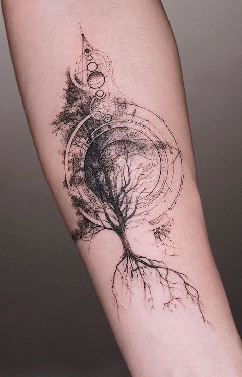 Geometric Sleeve Tattoo, Tree Tattoos, Epic Tattoo, Men Tattoos, Tree Tattoo Designs, Back Tattoos For Guys, Modern Tattoos, Arm Tattoos For Guys, Nature Tattoos