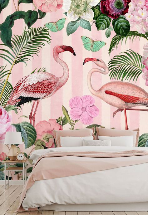 Bring vivid colour to your surroundings with these beautiful pink wallpapers. Featuring clashing greens and pink, these jungle wallpapers are great for bringing your decor up to date. Find more home inspiration from Wallsauce. We have a large collection and a free delivery service! Click to find out more! #colourfulhomes #homeinspiration #wallpaper #wallmural #pink #pinkwallpaper #junglewallpaper #pinkaesthetics Tropical Laundry Room, Jungle Thema, Wallpaper Tropical, Flamingo Wallpaper, Wallpaper Companies, Teen Girl Bedroom, Jungle Wallpaper, Collage Vintage, 3d Rose