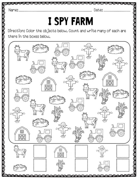 Bring the farm to your classroom with this engaging and interactive "I SPY Farm Count and Color Activities" worksheet!, this activity combines counting practice with a fun coloring challenge to help young learners develop their observation and math skills. Farm Activity Preschool, Kindergarten Farm Activities, Scarecrow Preschool, Farm Kindergarten Activities, Farm Animals Worksheet, Farm Theme Preschool Activities, Farm Preschool Theme, Farm Worksheet, Farm Kindergarten