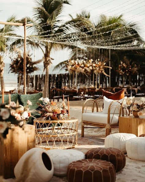 Tulum Party, Wedding Lounge Seating, Beachy Wedding Dress, Cocktail Hour Decor, Mexico Wedding Venue, Cocktail Party Decor, Industrial Chic Wedding, Beach Wedding Reception, Bohemian Wedding Decorations