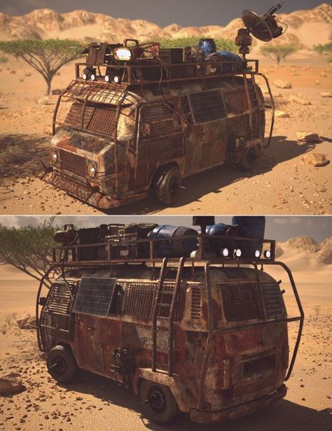 XI Post Apocalyptic Camper Van | 3d Models for Daz Studio and Poser Inktober Ideas, Land Transport, Classic Campers, Yellow Textures, Water Containers, Daz Studio, Post Apocalypse, Emergency Lighting, Flood Lights