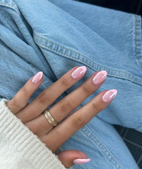 Chrome Nails Pink French, Baby Pink Chrome Nails French Tip, French Baby Pink Nails, French Pink Chrome Nails, Chrome French Nails Color, Basic Nails French Tip, French Manicure With Pink Tips, Pink French Tip Nails With Chrome, Pink French With Chrome