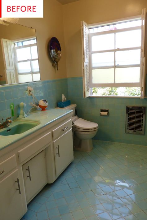 and somebody installed a new one directly on the wall, leaving the ugly cleats of the old one stuck in the tile. I wanted an uninterrupted run of Retro Blue Bathroom, Yellow Tile Bathroom, Vintage Yellow Bathroom, 50s Bathroom, Vintage Tile Bathroom, Blue Bathroom Tile, Best Room, Yellow Tile, Retro Bathrooms