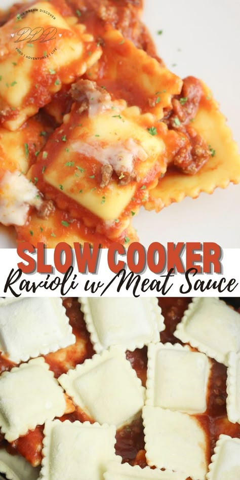 Ravioli with Meat Sauce Ravioli Recipe Crockpot, Home Made Ravioli Recipe, Ravioli With Meat Sauce, Home Made Lasagna, Frozen Ravioli Recipes, Ravioli Dinner Ideas, Slow Cooker Ravioli Lasagna, Cheese Ravioli Recipe, Slow Cooker Ravioli