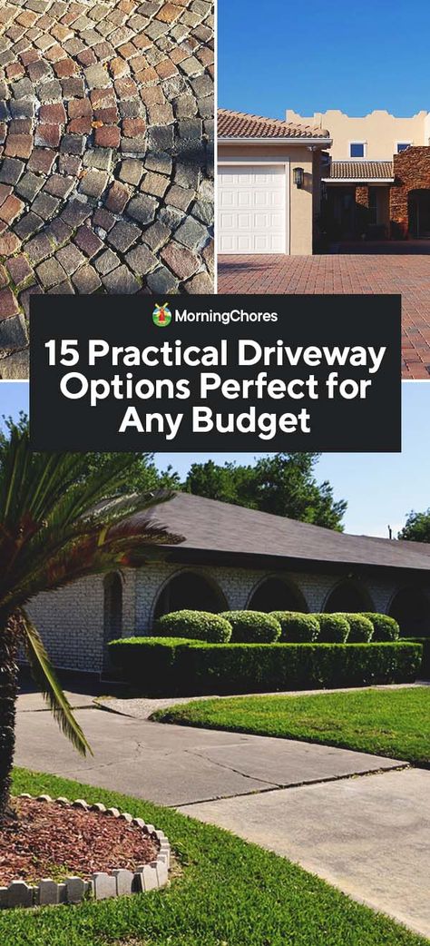 If you're looking for different driveway options to give your house a new look, we have 15 options to help you pick the right design for you & your budget. Driveway Backyard Ideas, Courtyard Driveway Ideas, Stone Parking Area, Diy Cobblestone Driveway, Driveway Layout Ideas, Large Driveway Landscaping, Backyard Parking Ideas, Driveways Ideas Concrete, Alternative Driveway Ideas