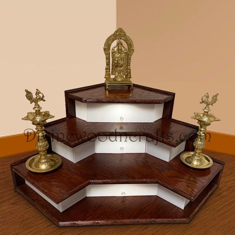 The Divine Wood N Crafts manufacturer of designer wooden Mandirs for home brings to you classical wooden Mandir in a Contemporary finish and style. This unique V-shaped Corner Pooja unit will suit the Clients who are looking for Mandir that doesnt take much space as well as look stylish in the Corner of the wall. It also comes with small storage, and can be moved around the house as the occasion demands. The below specifications will be included in the Base Price of the Temple. Material Used: Hi Luxury Traditional Pattern Sets For Puja, Wooden Temple For Home Interior Design, Corner Pooja Unit In Living Room, Pooja Shelf, Pooja Design, Pooja Unit, Pooja Decor, Antique Knobs, House Ceiling