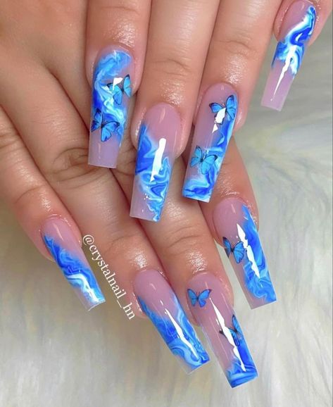 Marble Nail Ideas Acrylic, Ombre Blue Nails Coffin, Nail Ideas Marble, Sunshine Nail Art, Marble Nail Ideas, Blue Marble Nails, Blue Nail Inspo, Marble Acrylic Nails, Elite Nails