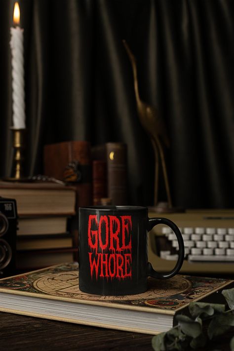 Halloween Coffee Mug Gore Horror Black , Spooky Mug, Horror Movie | Horror Mug Rap Music Hip Hop, Minimalist Mug, Author Gifts, Writer Gifts, Well Read, Goth Home, Halloween Coffee, Published Author, Black Coffee Mug