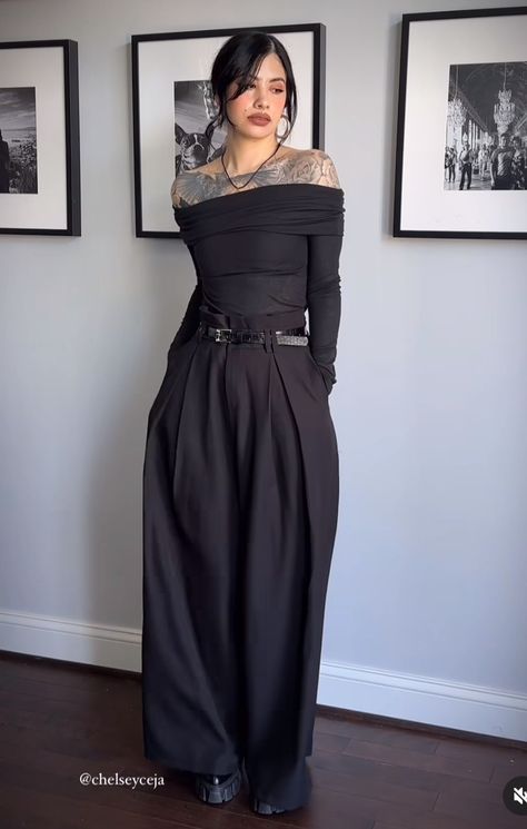 Goth Silk Dress Outfit, Sleek Goth Fashion, Sleek All Black Outfit, All Black Maximalist Outfit, Wedding Guest Night Outfit, All Black Barista Outfit, Gothic Glam Aesthetic, Elegant Alternative Style, Dark Fem Clothes