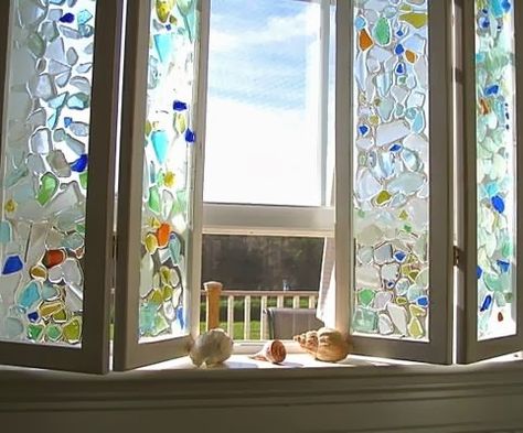 If you needed a privacy window, in a bathroom for example, a sea glass window like this would be gorgeous. Made by Robin Pierson. Glass Mosaic Diy, Sea Glass Window, Sea Glass Mosaic, Sea Glass Beach, Sea Glass Crafts, Mosaic Diy, Window Art, Sea Glass Art, Stained Glass Mosaic