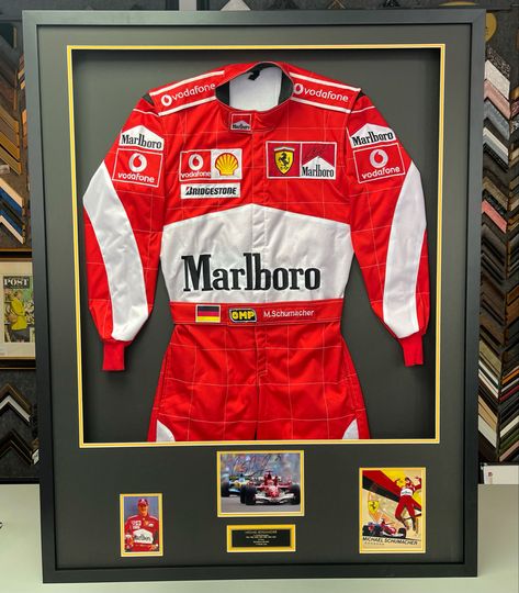 🏎 Michael Schumacher F1 racing suit with photos and name plate custom framed with acid-free matting and UV acrylic! #art #denver #colorado #pictureframing #customframing #5280customframing #shadowbox #formula1 #michaelschumacher Race Suit, Private Plane, Picture Framing, Racing Suit, Michael Schumacher, Garage Ideas, F1 Racing, Denver Colorado, Acrylic Art