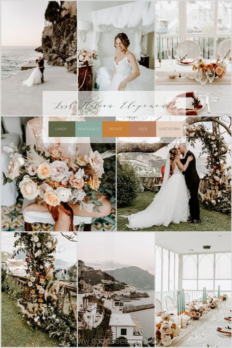 Elopement Color Schemes, Neutral Wedding Colors With Pop Of Color, Italian Wedding Color Palette, Italian Wedding Color Schemes, Coastal Wedding Colors, June Wedding Colors, Italian Elopement, Tropical Wedding Dresses, Barefoot Bride