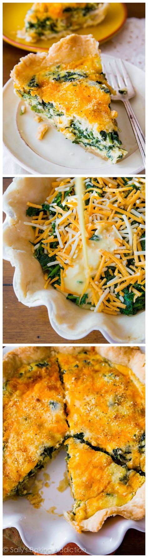 This super cheesy spinach quiche is baked in my favorite homemade pie crust. Impress all your brunch guests with this recipe! Gf Crust, Quiche Breakfast, Sallys Baking, Mushroom Quiche, Store Bought Pie Crust, Cheesy Spinach, Spinach Cheese, Cheese Spinach, Spinach Quiche