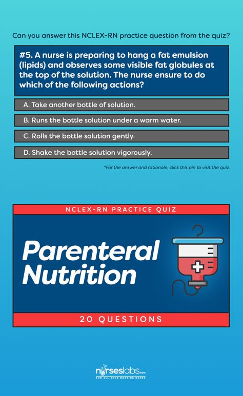 Parenteral Nutrition NCLEX Practice Quiz (20 items)  To prepare for the NCLEX-RN examination, it will take a lot of reading of facts but most importantly understanding the rationale behind all of these. This 20-item practice questions will increase your knowledge on Parenteral Nutrition. Total Parenteral Nutrition, Nutrition Nursing, Parenteral Nutrition, Nclex Practice Questions, Nclex Study Plan, School Encouragement, Nclex Tips, Nclex Pn, Clinical Nutrition