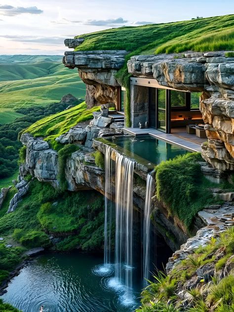 Solarpunk House, Magical House, Cliff House, Dream Life House, Underground Homes, Unique House Design, Fantasy Homes, Fantasy House, Unique Houses