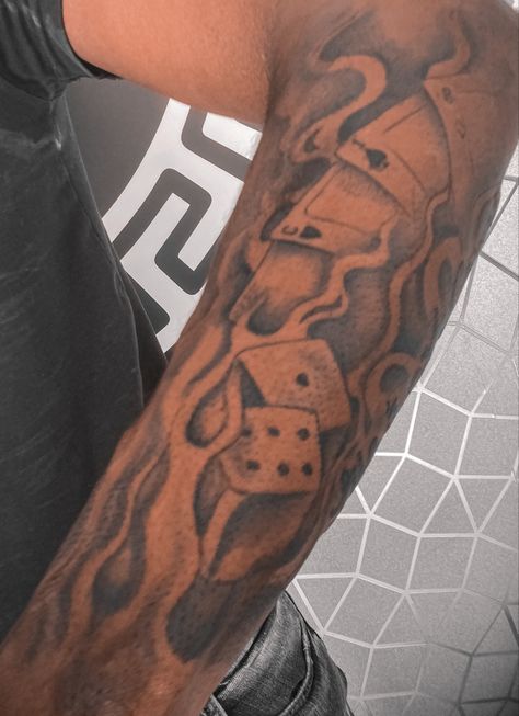 Gamble. Fire. tattoo forearm tattoo Tattoo Ideas For Men Red Ink, Money On Fire Tattoo, Red Forearm Tattoos Men, Fire Forearm Tattoo, Flaming Dice Tattoo, Cards On Fire Tattoo, Flame Arm Tattoo, Flame Tattoo Sleeve, Men’s Tattoo Arm