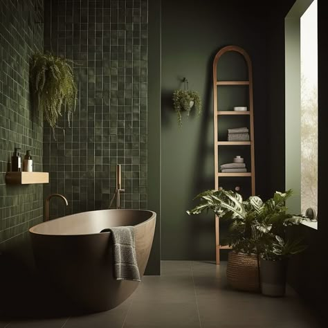 30 Unique And Beautiful Green Bathroom Ideas You Should Try Dark Colour Bathroom Ideas, Bathroom Painted Walls, All Green Bathroom, Green Walls Bathroom, Brown And Green Bathroom, Dark Green Tile Bathroom, Dark Bathroom Floor Tile, Bathroom Green Tiles, Dark Bathroom Floor